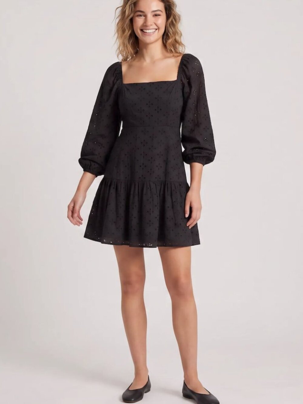 Black Cotton Eyelet 3/4 Balloon Sleeve Square Neck Tiered Midi Dress